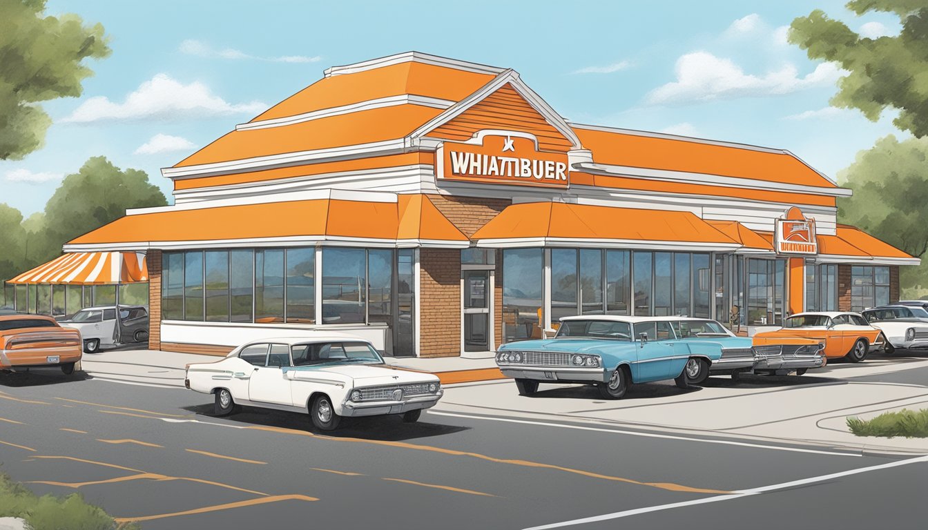 A bustling Whataburger restaurant in Fayetteville, with the iconic orange and white striped building and a drive-thru line of cars