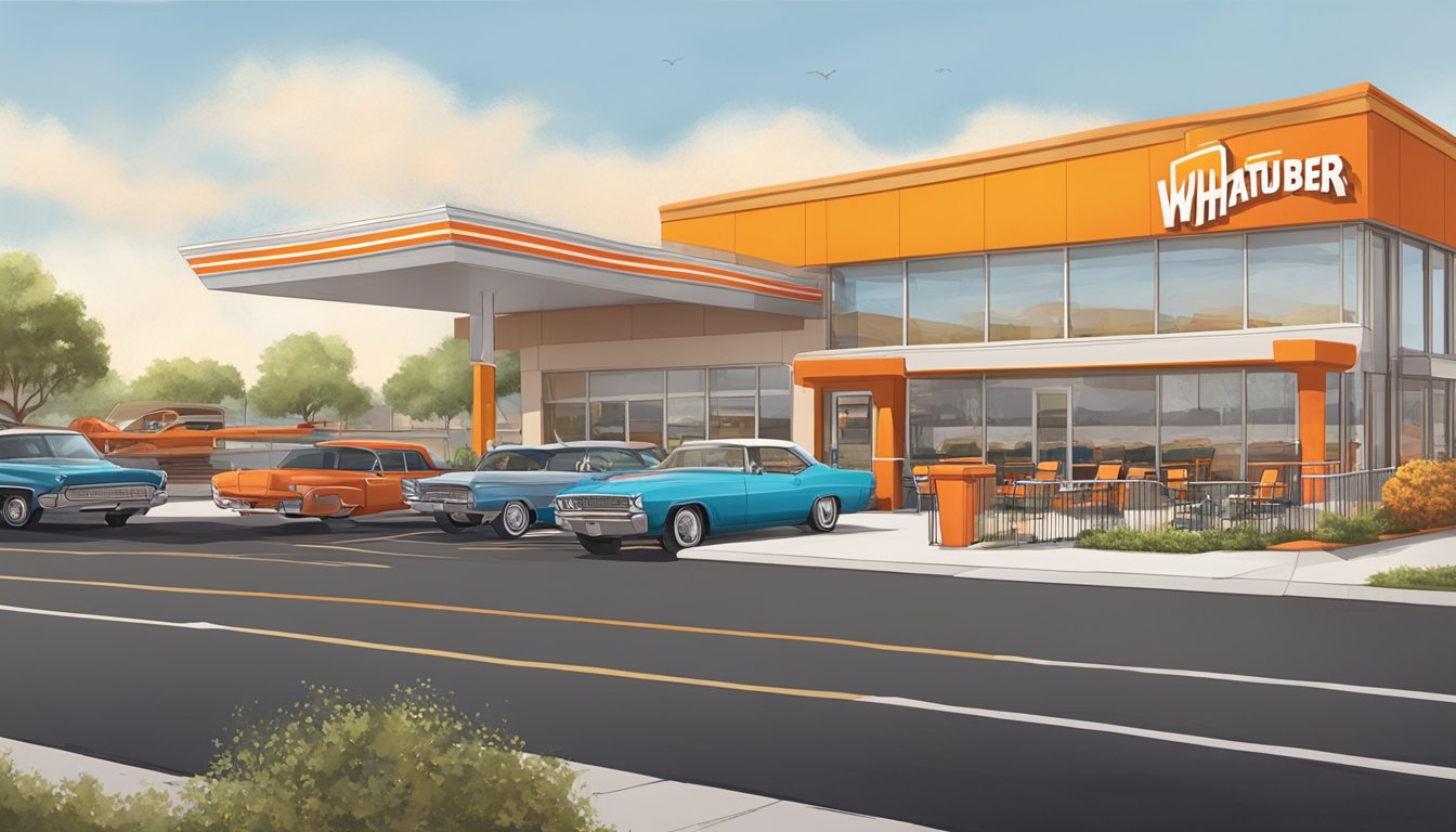 A bustling Whataburger restaurant in Odessa, Texas, with a drive-thru line of cars and a colorful outdoor seating area