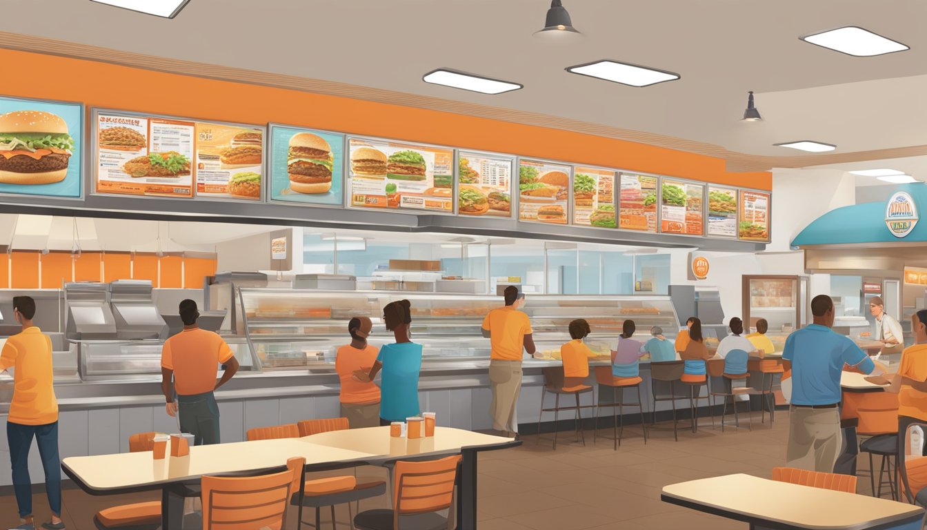 A bustling Whataburger restaurant in Odessa, TX, with a colorful menu board and customers ordering at the counter