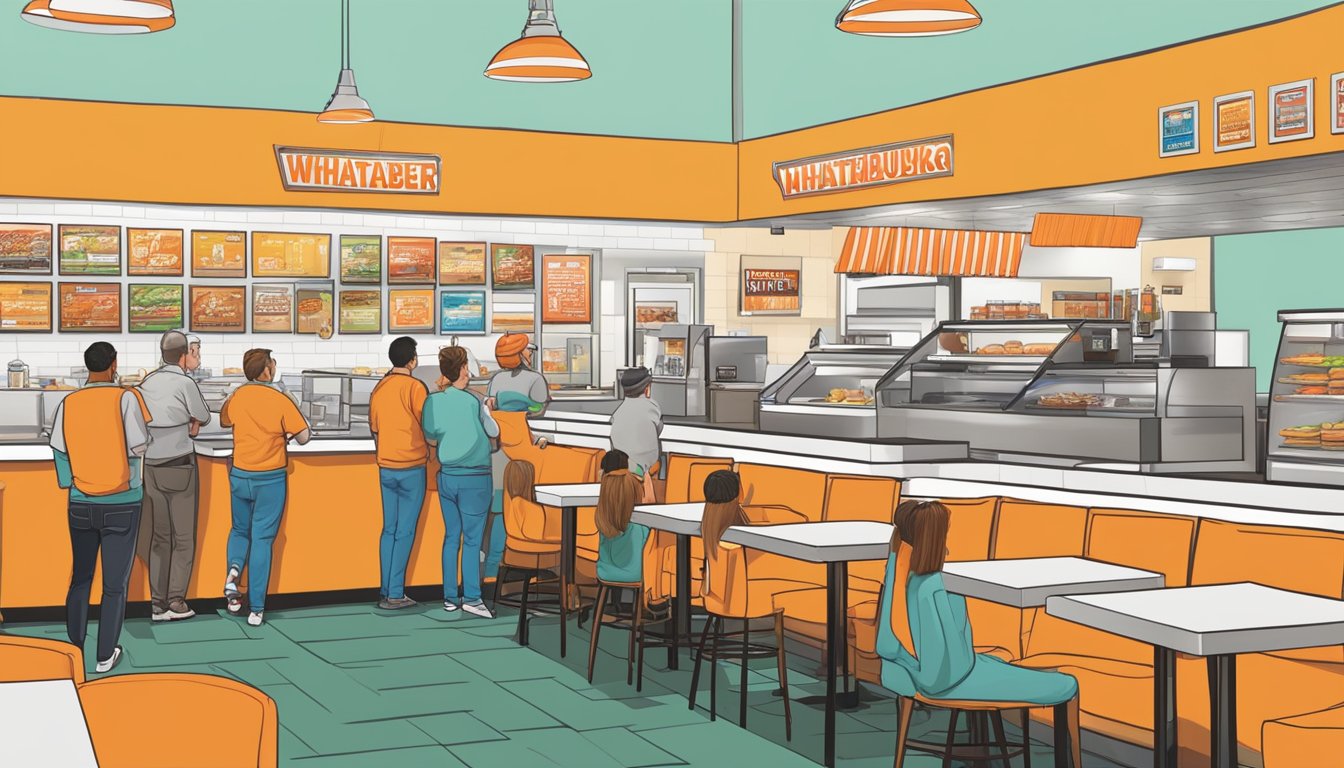 A bustling Whataburger restaurant in New Braunfels with a colorful menu board and customers ordering at the counter