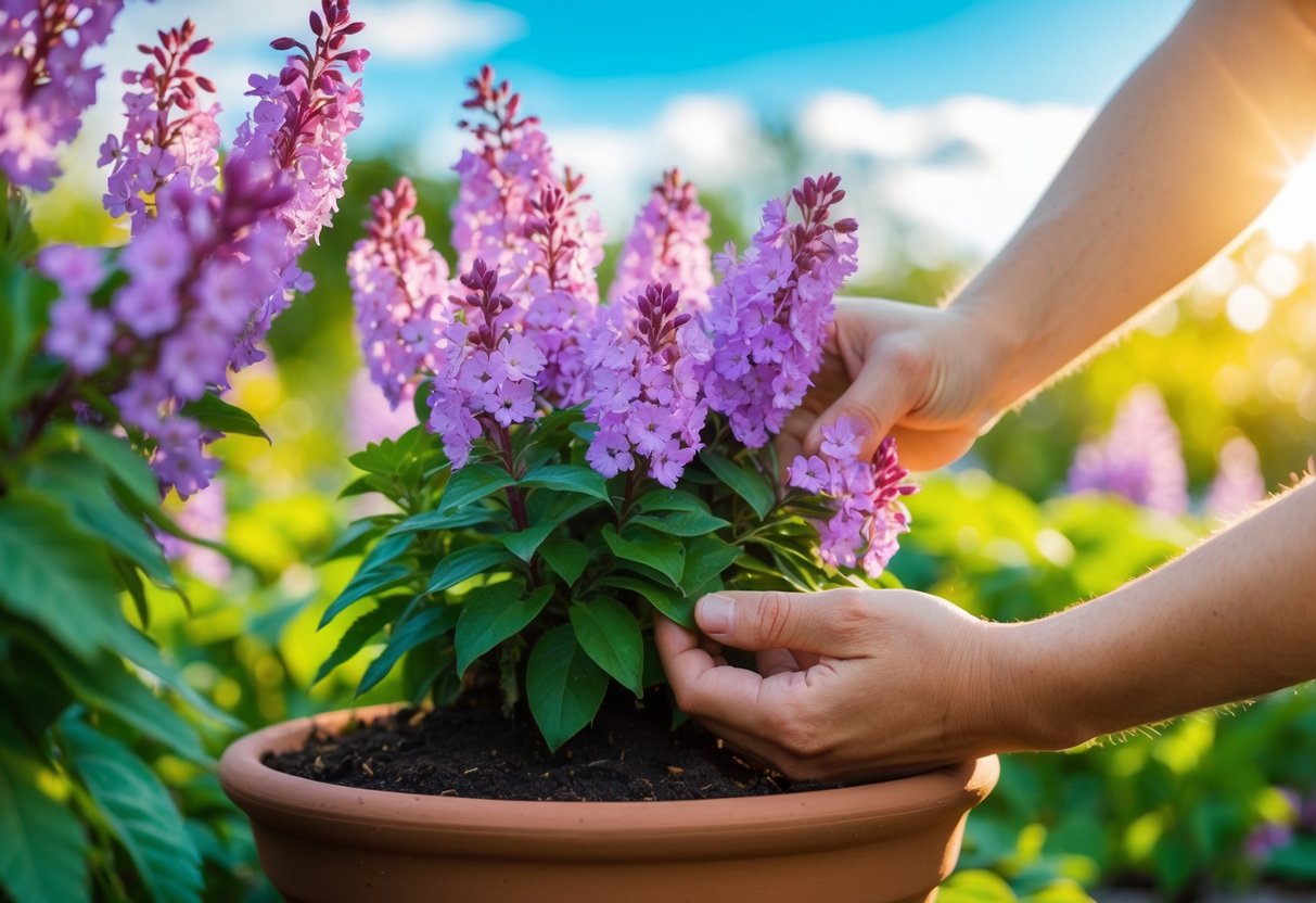 A pair of hands carefully tending to a cluster of vibrant purple flowers in a terracotta pot. The sun shines down, casting a warm glow on the blossoms