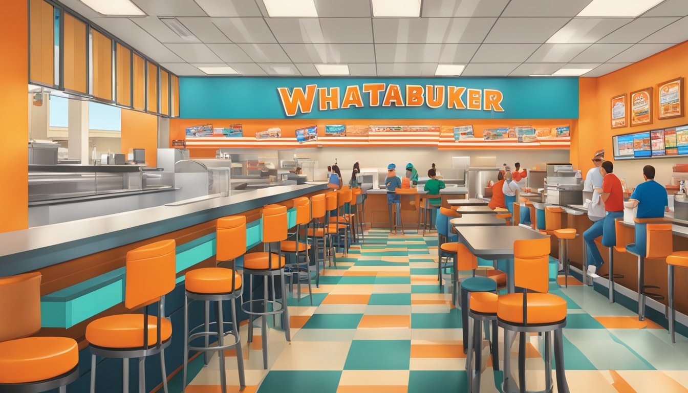 A bustling Whataburger restaurant in Odessa, Texas, with colorful decor, a counter with stools, and booths filled with customers enjoying their dining experience