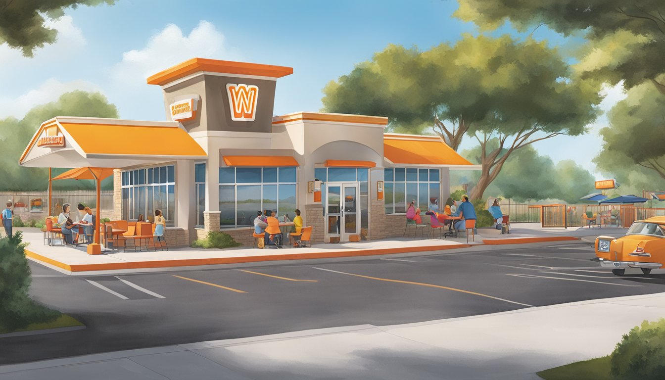 A bustling Whataburger in New Braunfels, featuring outdoor seating, a drive-thru, and a colorful play area for kids