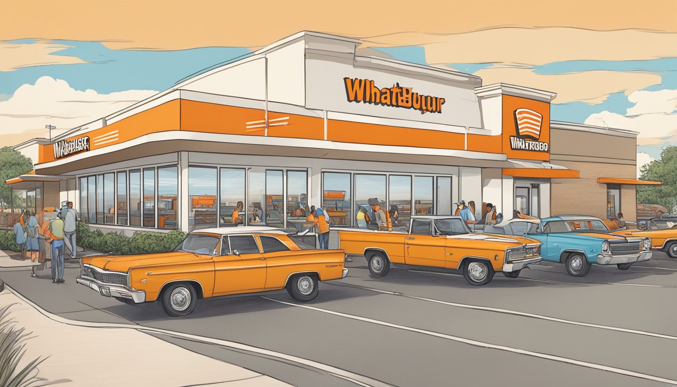 The Whataburger in Odessa, TX is bustling with activity as customers come and go during its operational hours. The drive-thru is busy, and the dining area is filled with people enjoying their meals