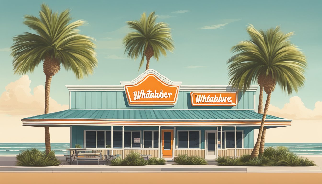 A Whataburger restaurant in Galveston, Texas, with a vintage sign and palm trees swaying in the background