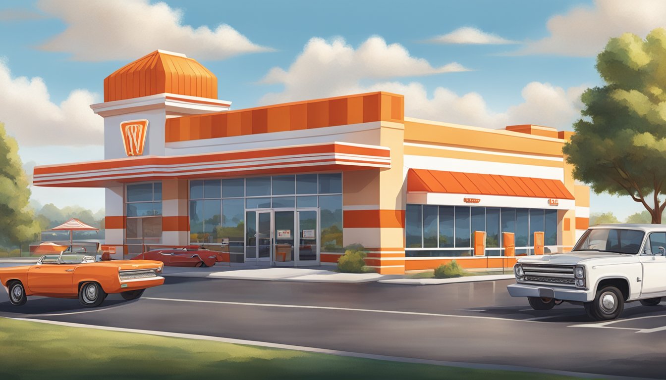 A sunny outdoor scene with a red and white Whataburger building, a drive-thru, and a large parking lot with cars