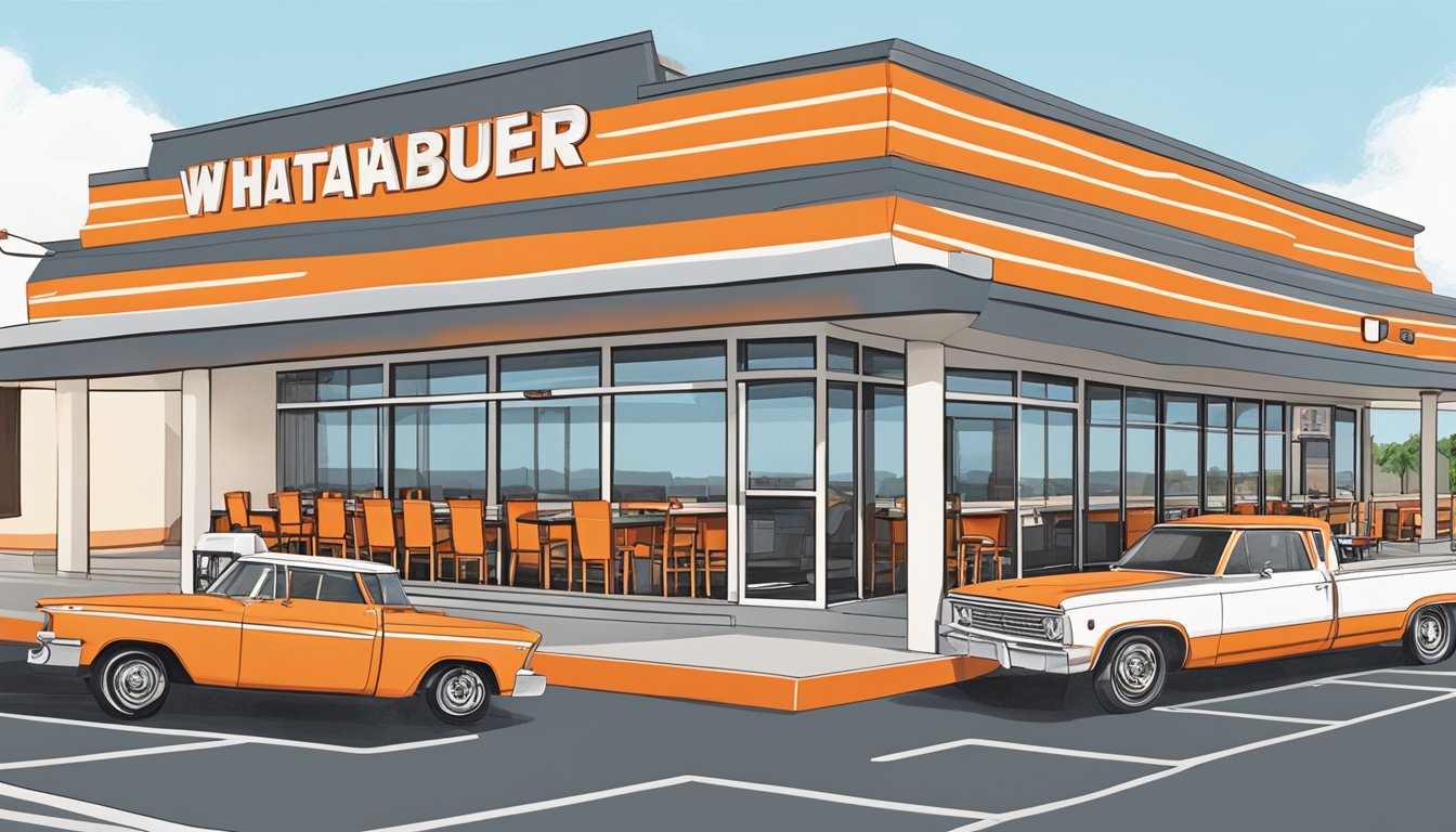 A bustling Whataburger restaurant in Odessa, Texas, with the iconic orange and white striped building, drive-thru lanes, and outdoor seating area