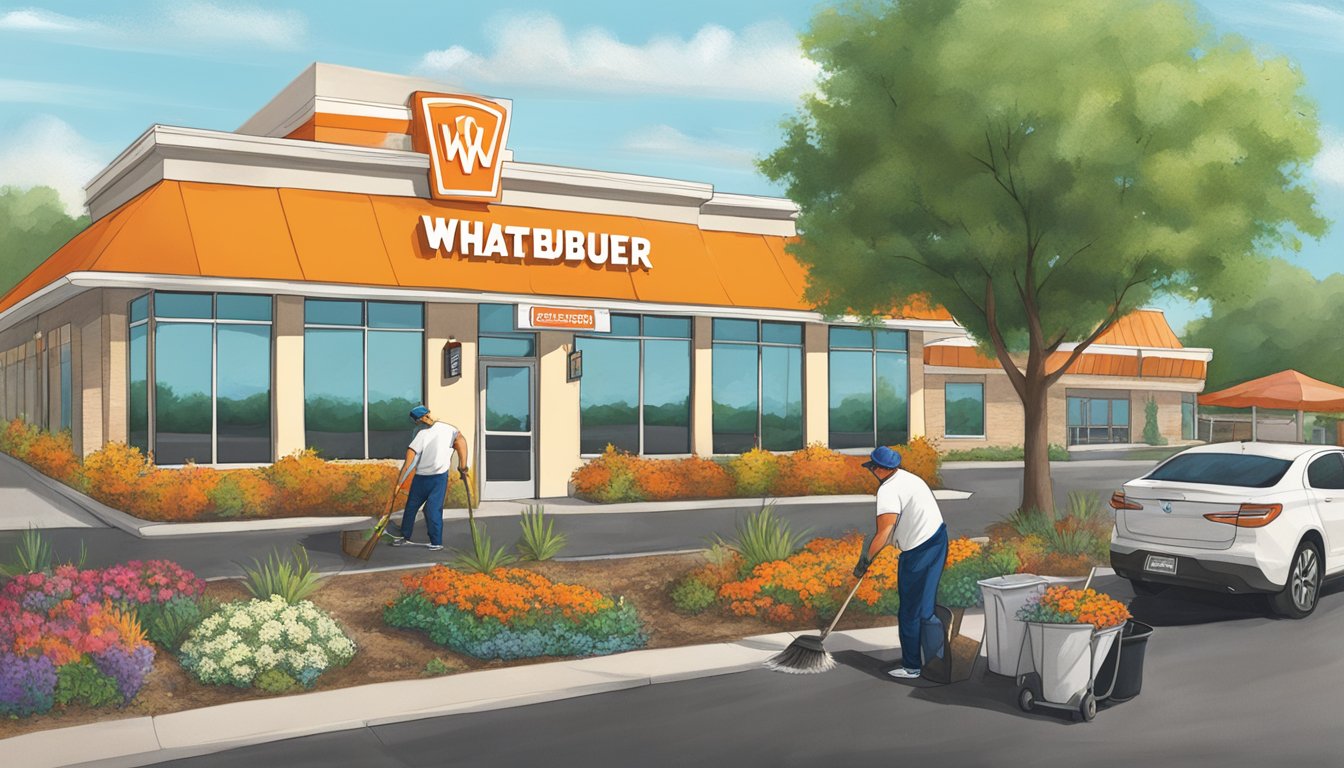 A bustling Whataburger in New Braunfels with volunteers cleaning up the surrounding area and planting flowers