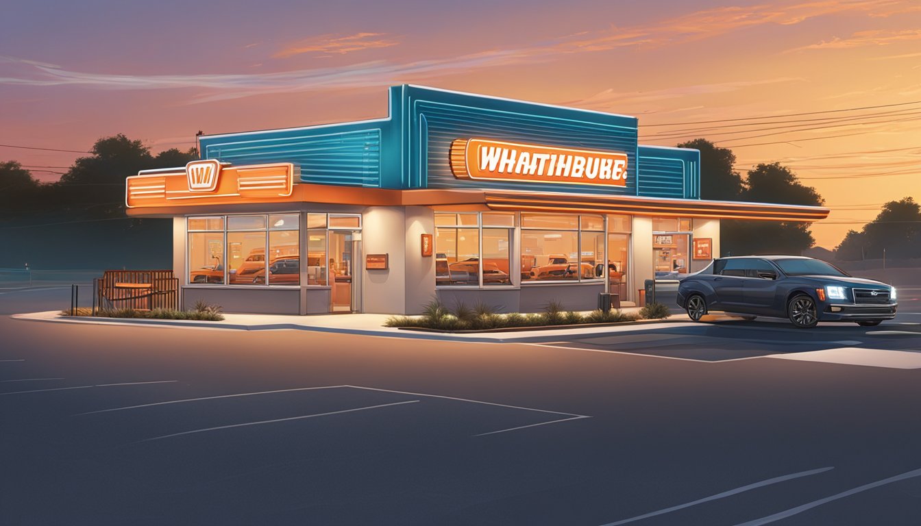 A bustling Whataburger restaurant in New Braunfels, with a drive-thru line of cars and a neon sign glowing in the evening sky