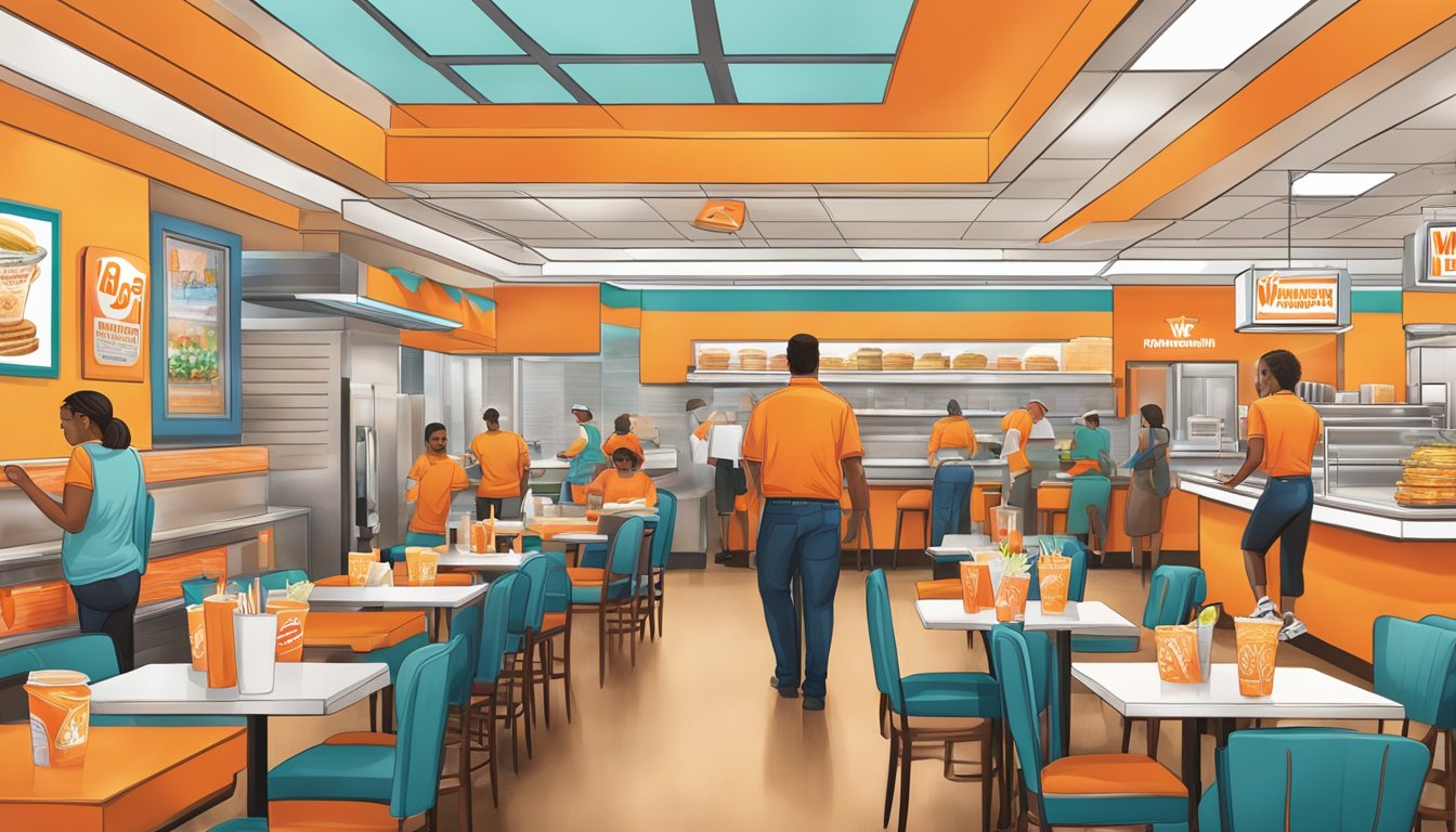 A bustling Whataburger restaurant in Galveston, with colorful decor, a line of customers, and a staff member serving up delicious meals