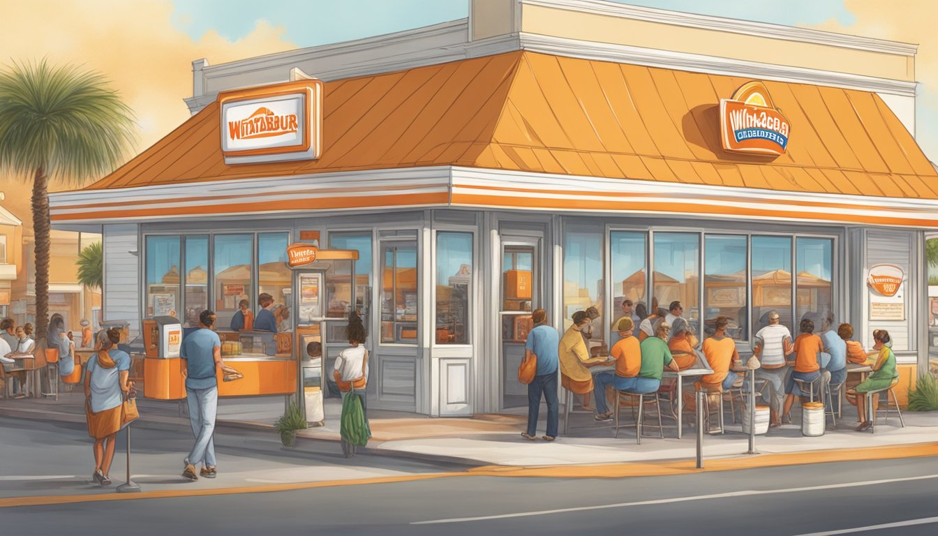 A Whataburger in Galveston, bustling with customers enjoying the convenience services