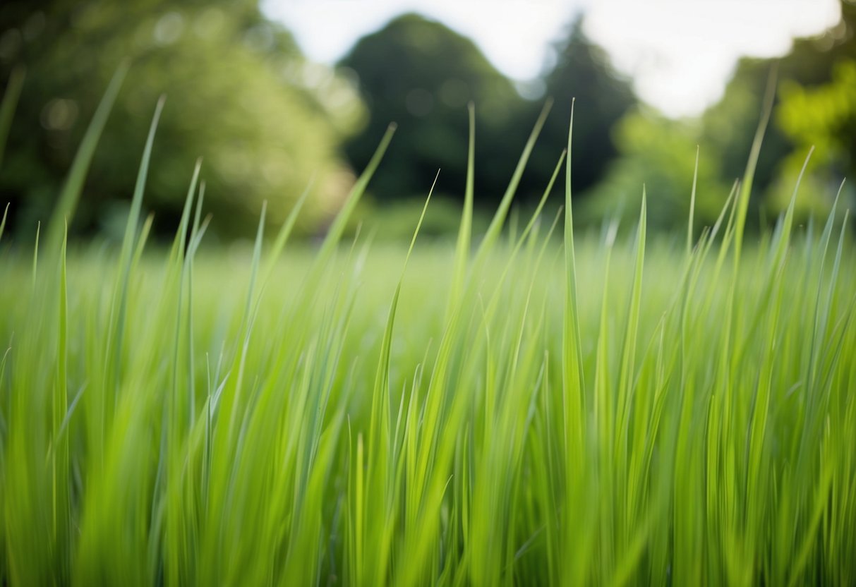 Lush, green mondo grass stretches across a serene garden, with delicate blades swaying gently in the breeze