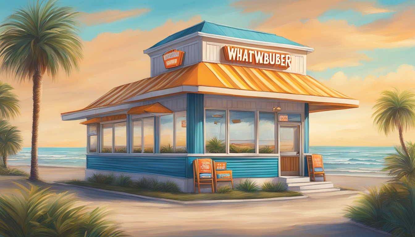 A beachside Whataburger in Galveston, with palm trees, a colorful sign, and a view of the ocean