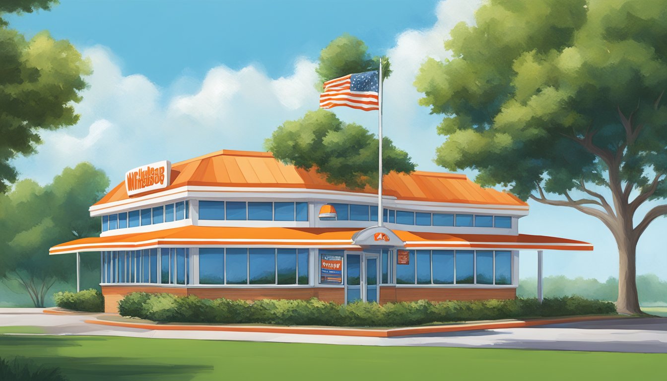 The iconic orange and white striped building of Whataburger in Victoria, TX stands proudly against a blue sky, surrounded by lush greenery