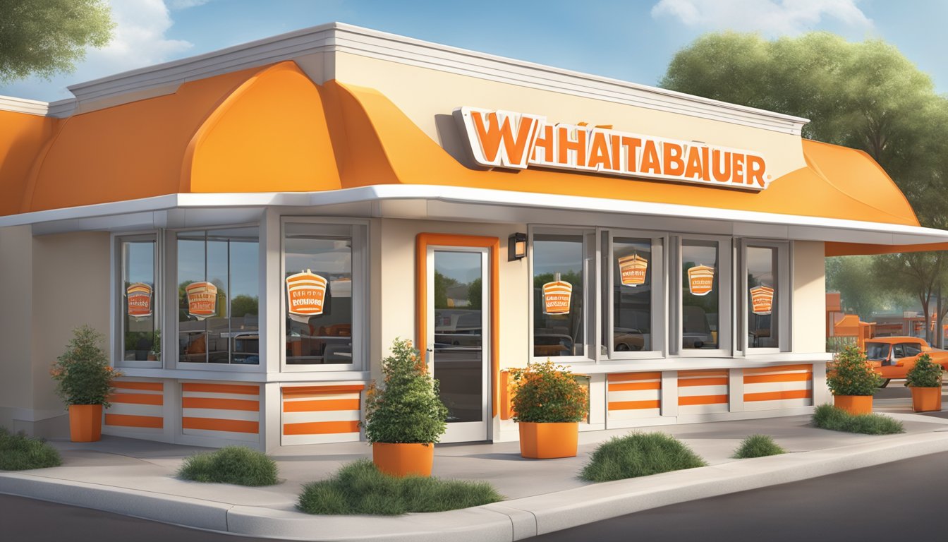 A bustling Whataburger restaurant in Victoria, TX with colorful signage and a drive-thru window. Outdoor tables display special offers and promotions