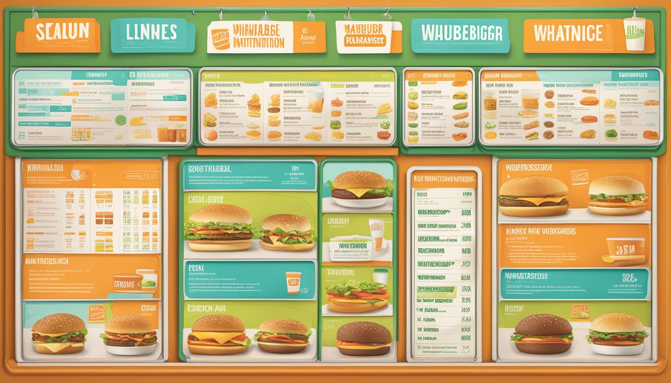 A colorful menu board with various Whataburger specials and their corresponding nutritional information displayed