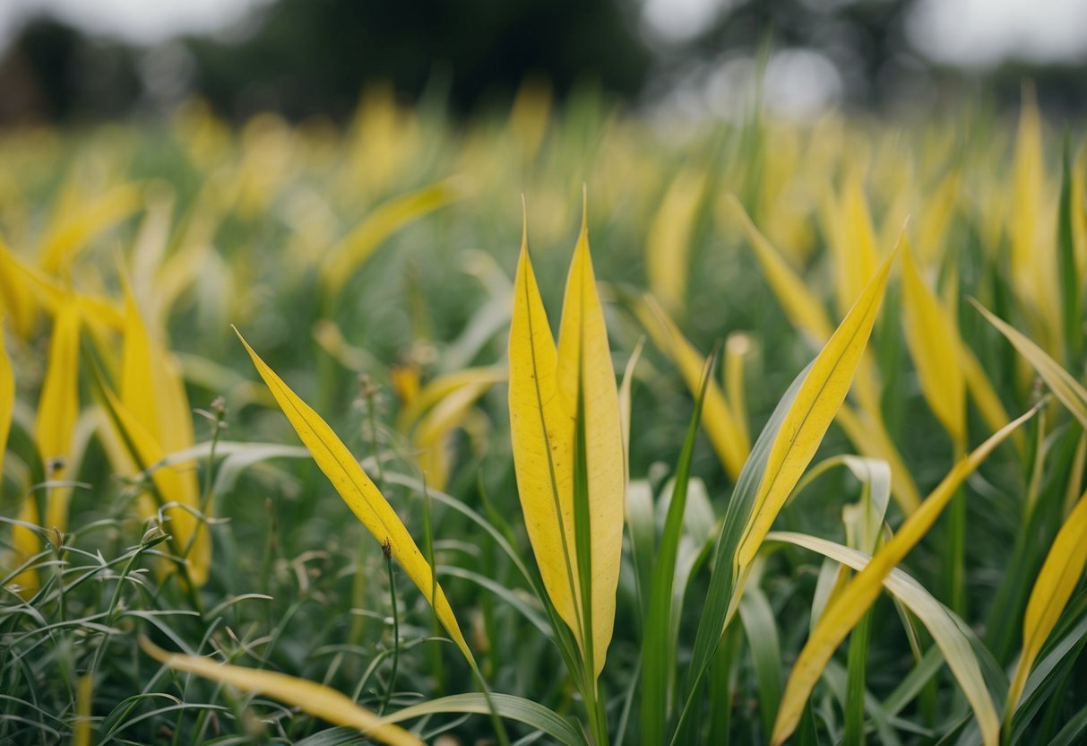 Mondo grass with yellowing leaves, overcrowded with weeds, and suffering from lack of water