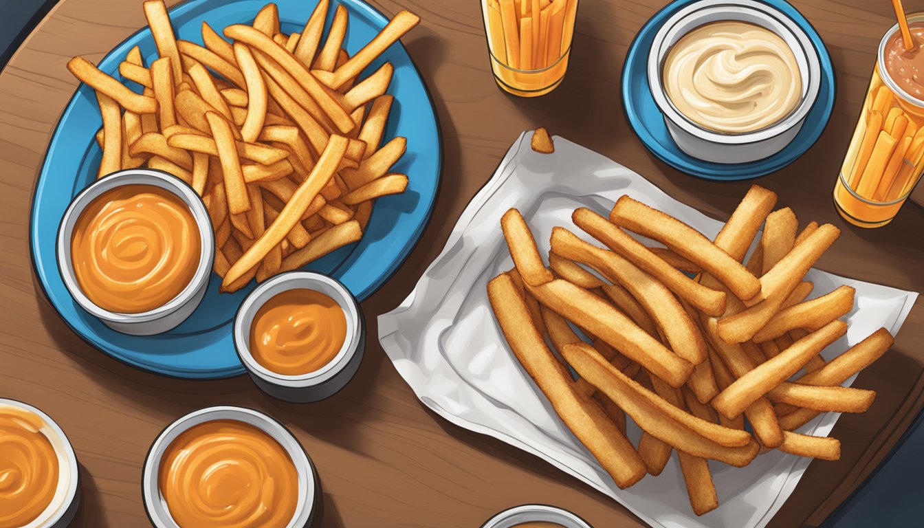 A table set with Whataburger specials: fries, onion rings, and dipping sauces