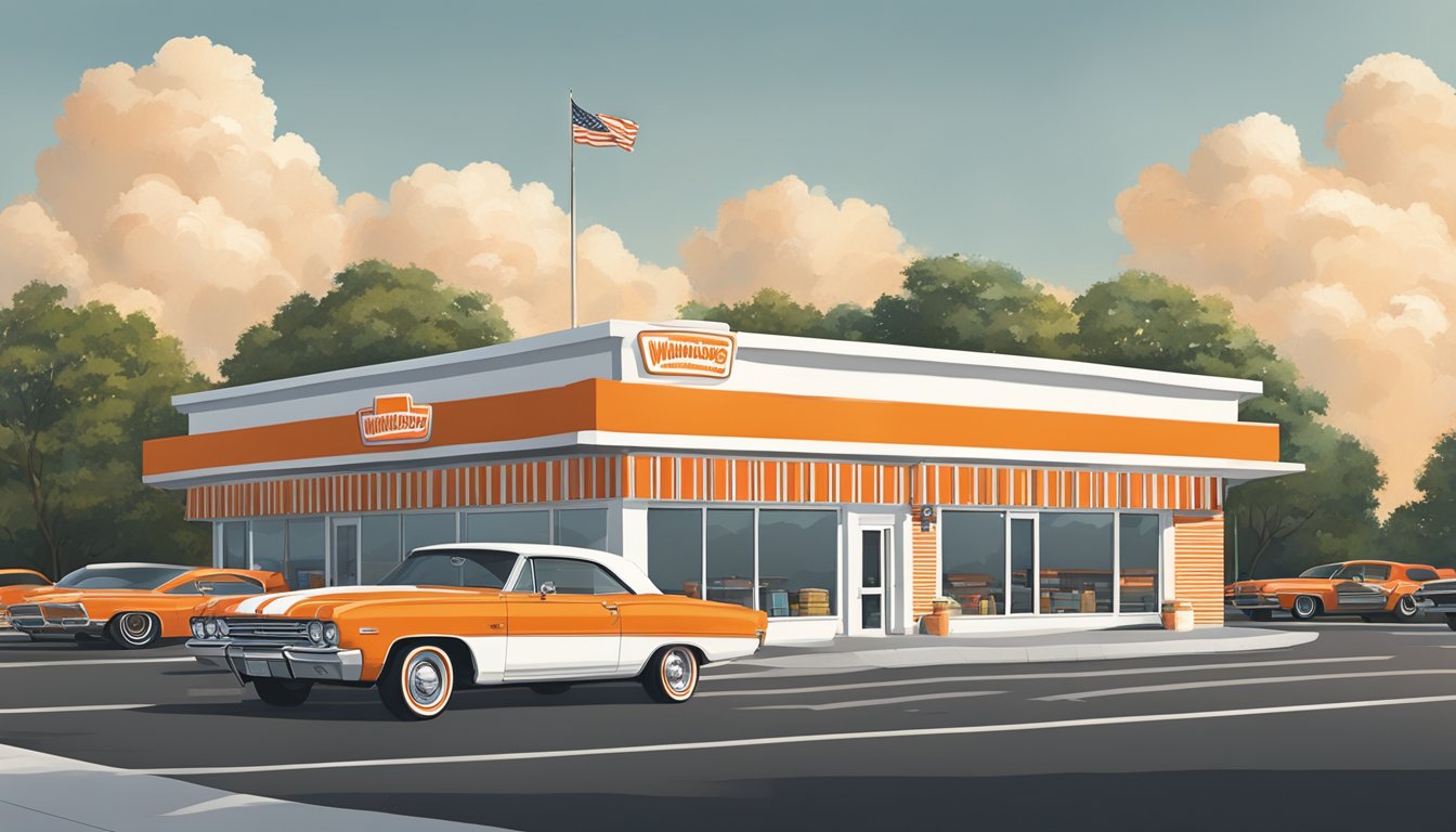 The iconic orange and white striped Whataburger building stands proudly in a bustling Georgia town, with cars lined up at the drive-thru and the smell of sizzling burgers filling the air