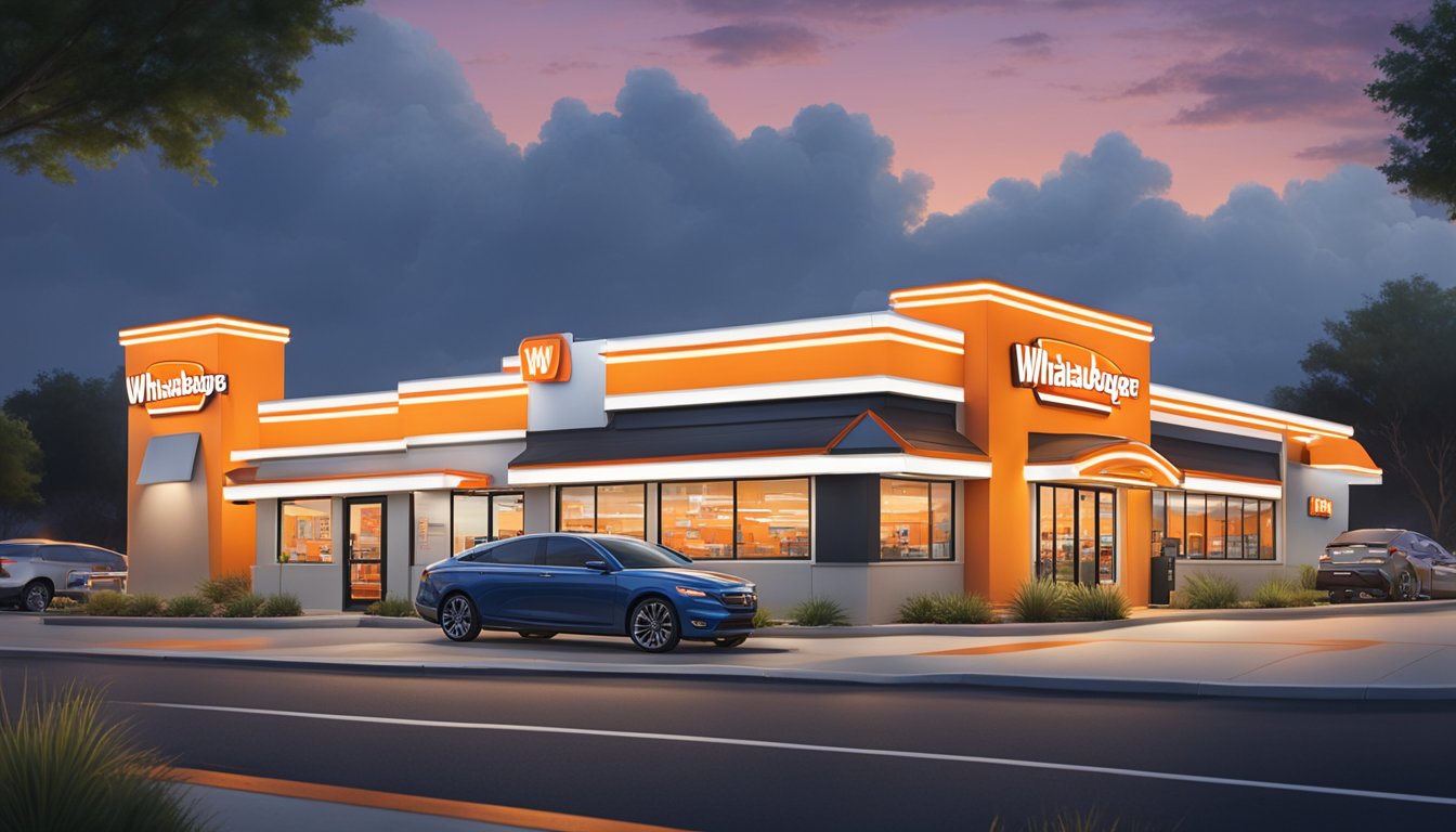 The Whataburger in Victoria, TX is open for business. The restaurant's exterior is lit up with bright signage, and cars are seen in the drive-thru lane