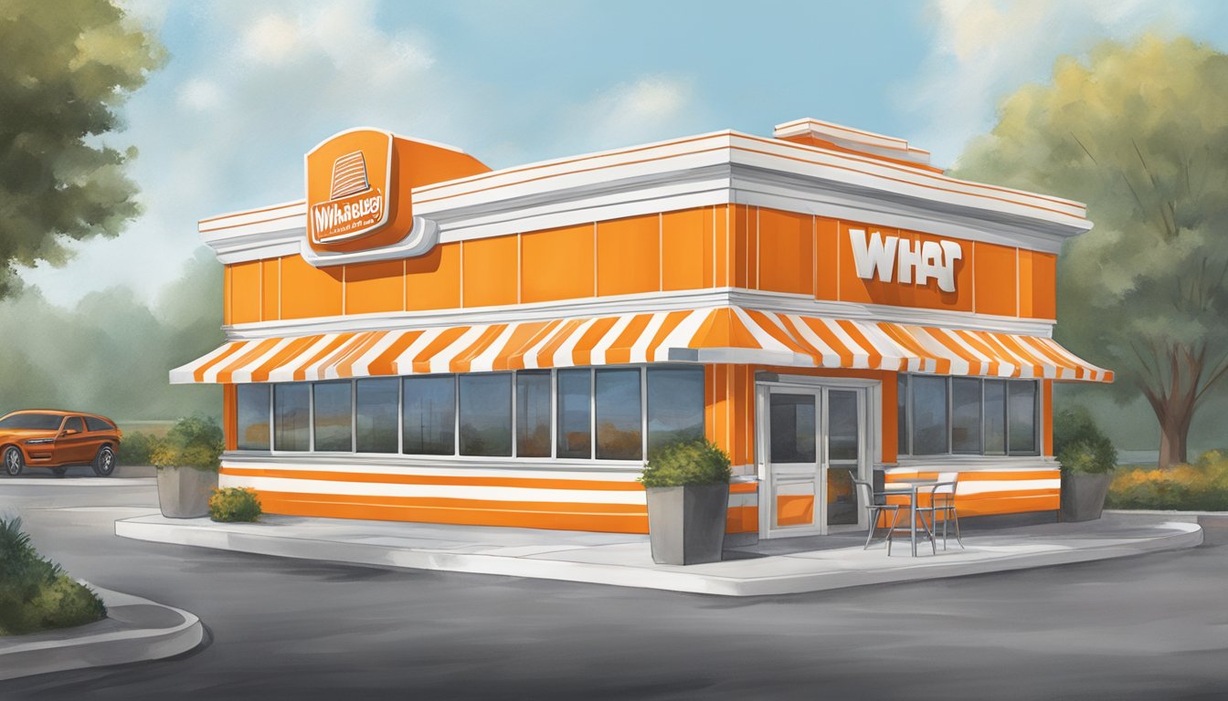 A Whataburger restaurant in Georgia with a drive-thru, outdoor seating, and the iconic orange and white striped building