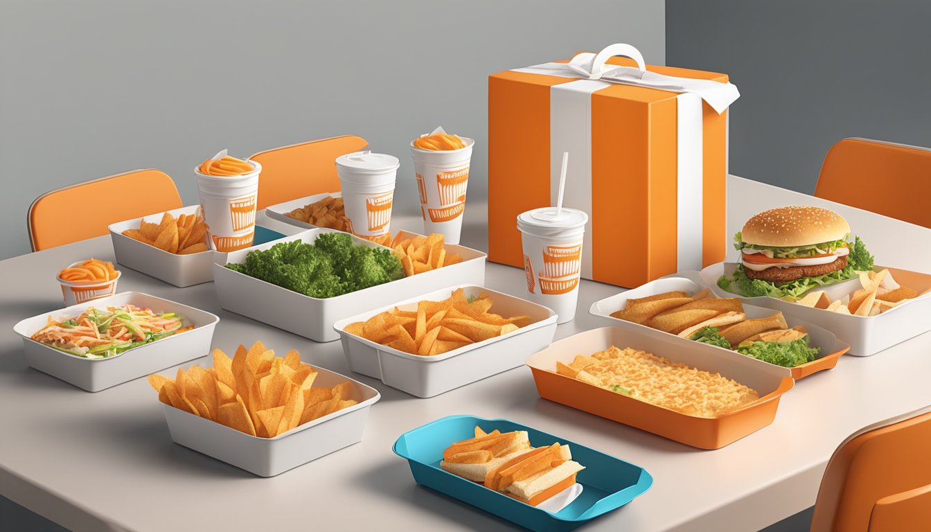 A table set with Whataburger meal boxes and catering trays