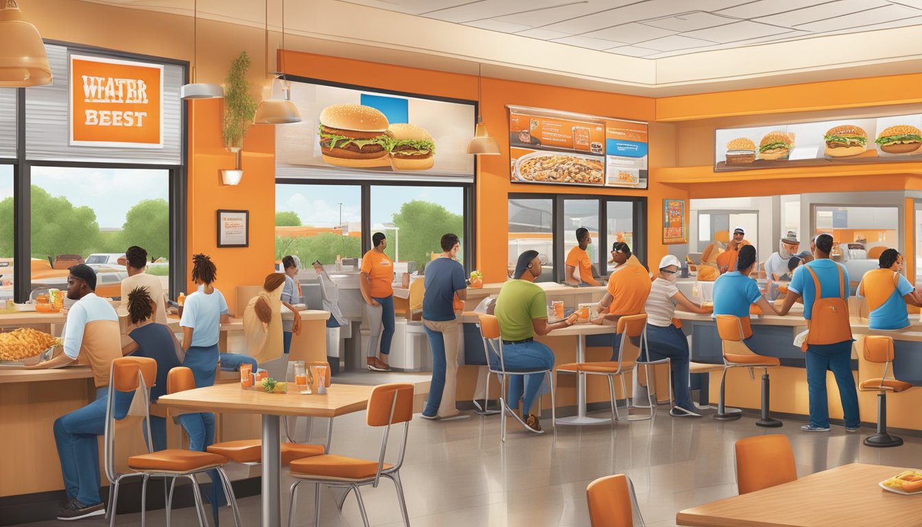 A bustling Whataburger in Victoria, TX, with customers enjoying their meals and engaging with staff in a lively and welcoming atmosphere