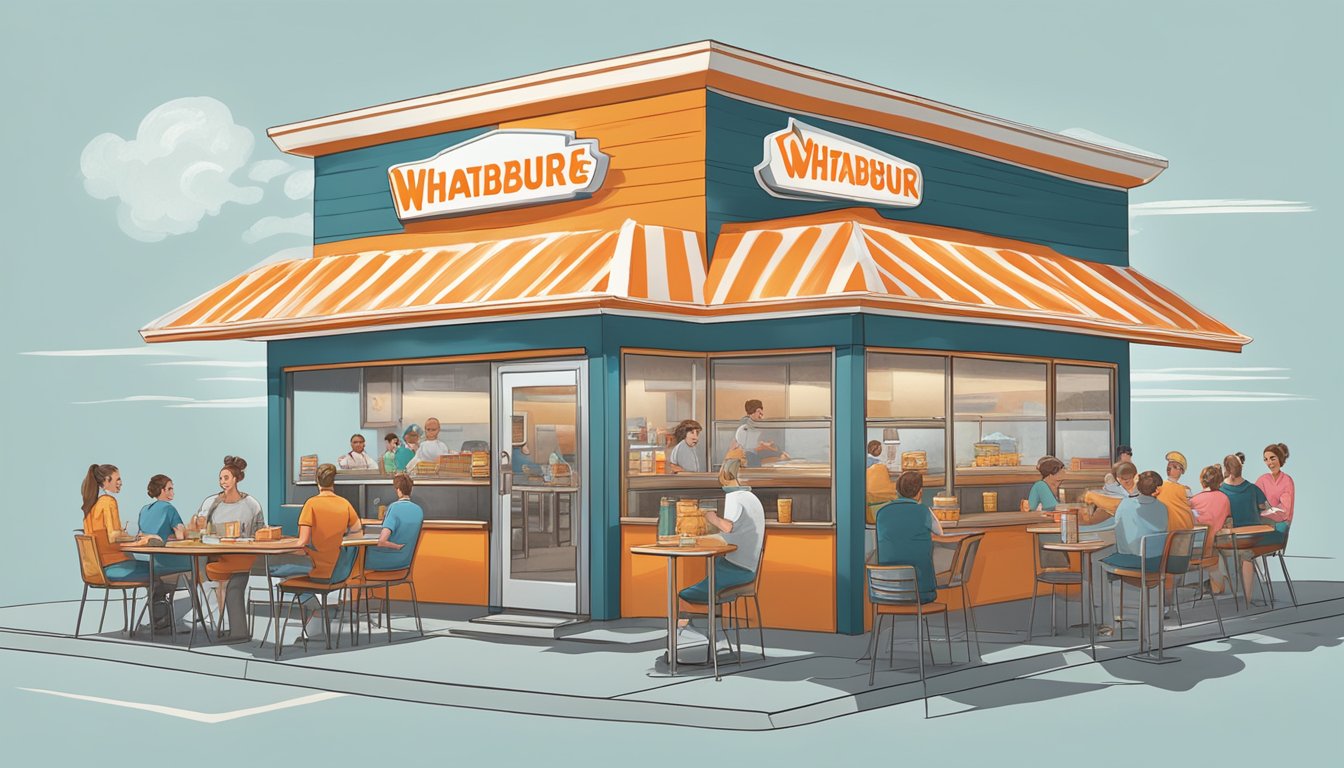 A Whataburger restaurant in Georgia with menu offerings and local favorites displayed on a chalkboard, surrounded by happy customers enjoying their meals