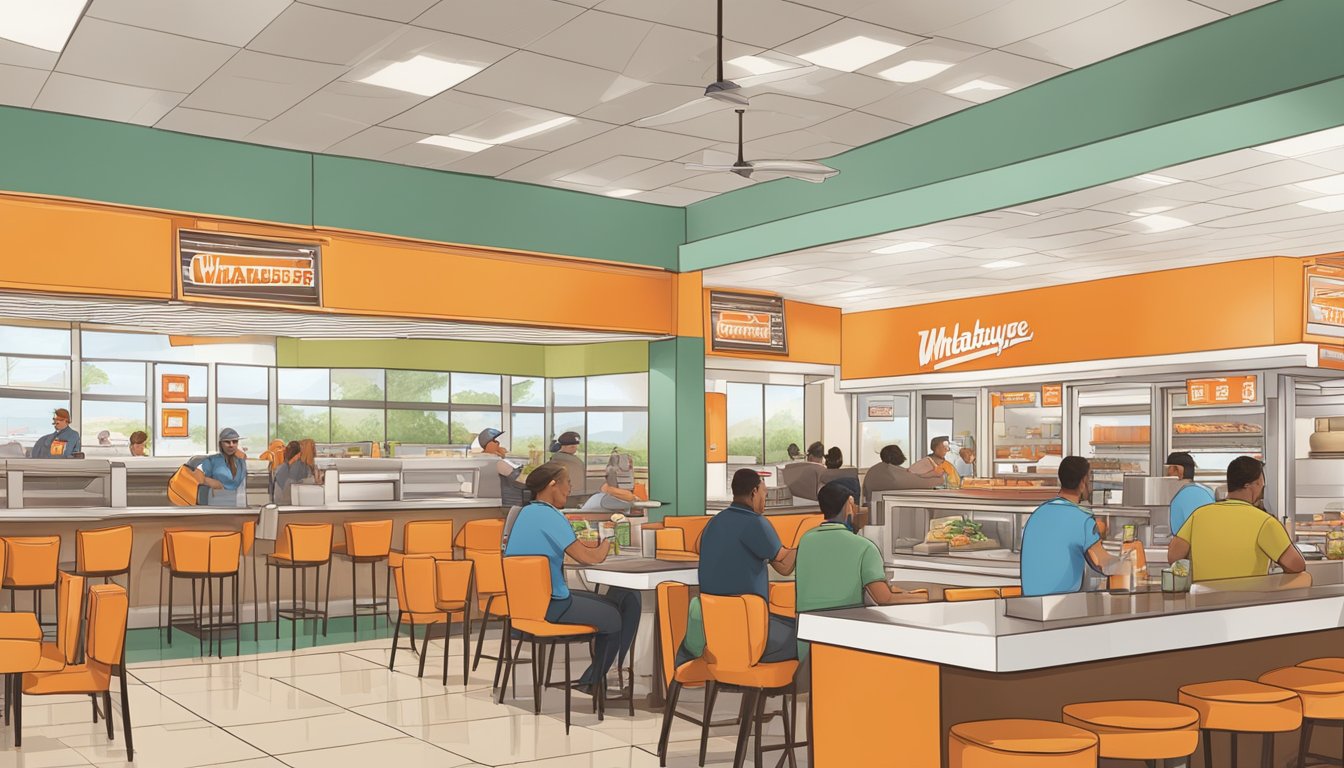 A bustling Whataburger restaurant in Victoria, TX, with customers enjoying their meals and leaving feedback at the counter