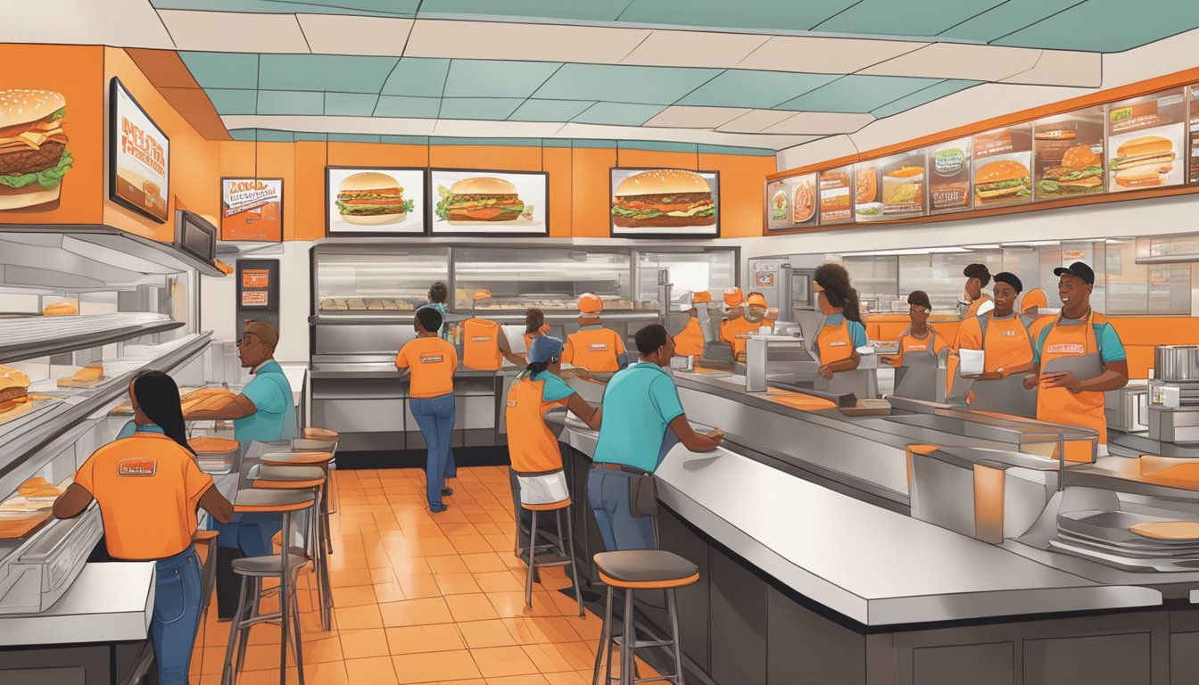 A bustling Whataburger restaurant in Georgia with employees working behind the counter and customers enjoying their meals at the tables