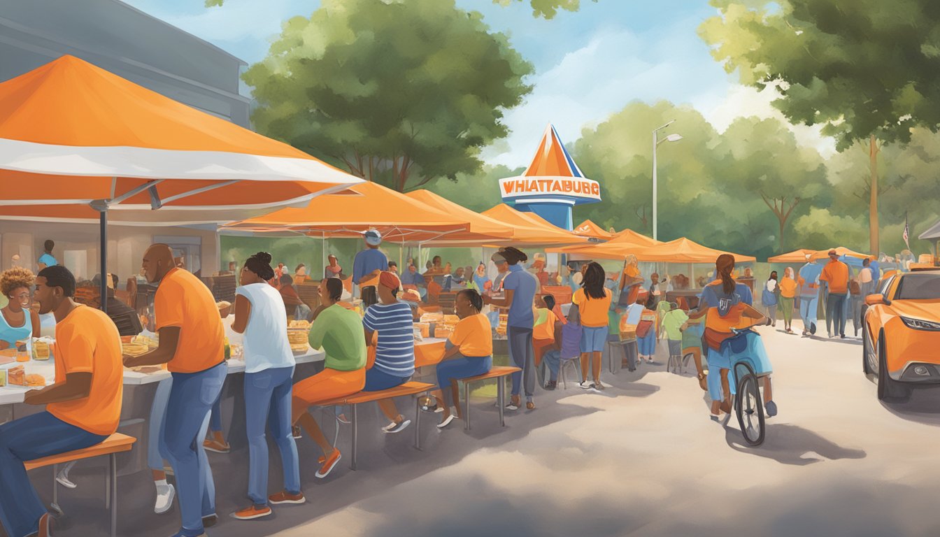 The Whataburger's Community Engagement event in Georgia features a bustling outdoor setting with families enjoying food and activities, while staff members engage with the community