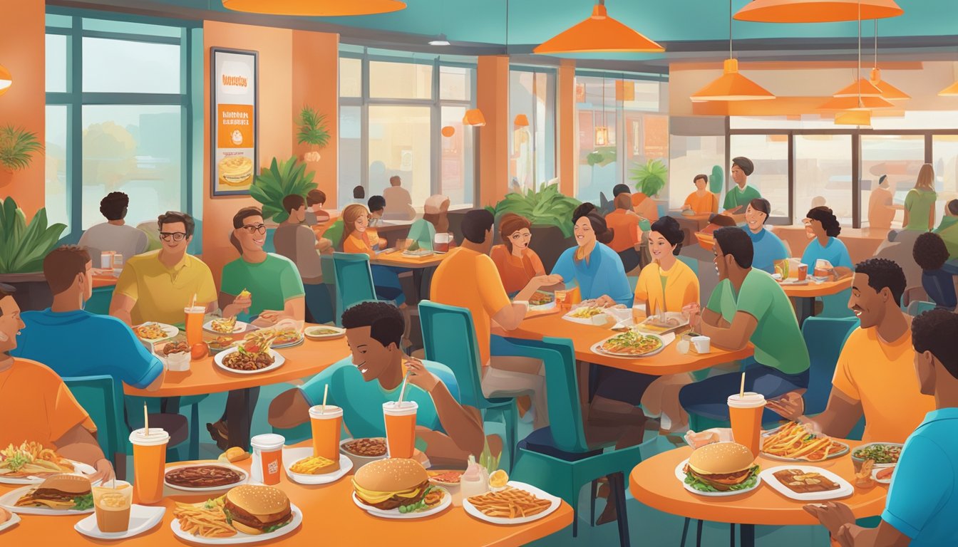 A table with various Whataburger special menu items displayed on colorful plates and surrounded by customers enjoying their meals