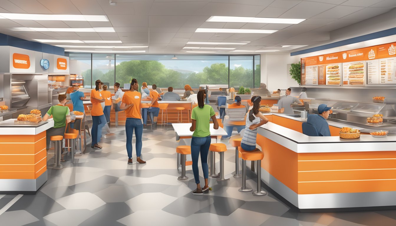 A bustling Whataburger in Georgia with customers enjoying meals and engaging with staff. Loyalty program signage visible