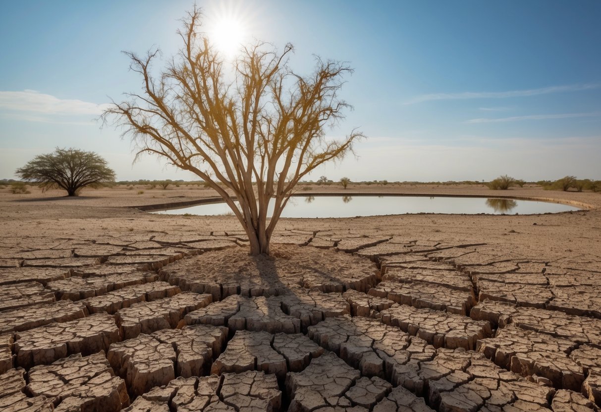 Dry, cracked earth surrounds a wilting tree in a barren landscape under a scorching sun. A small, empty reservoir sits in the background, reflecting the cloudless sky