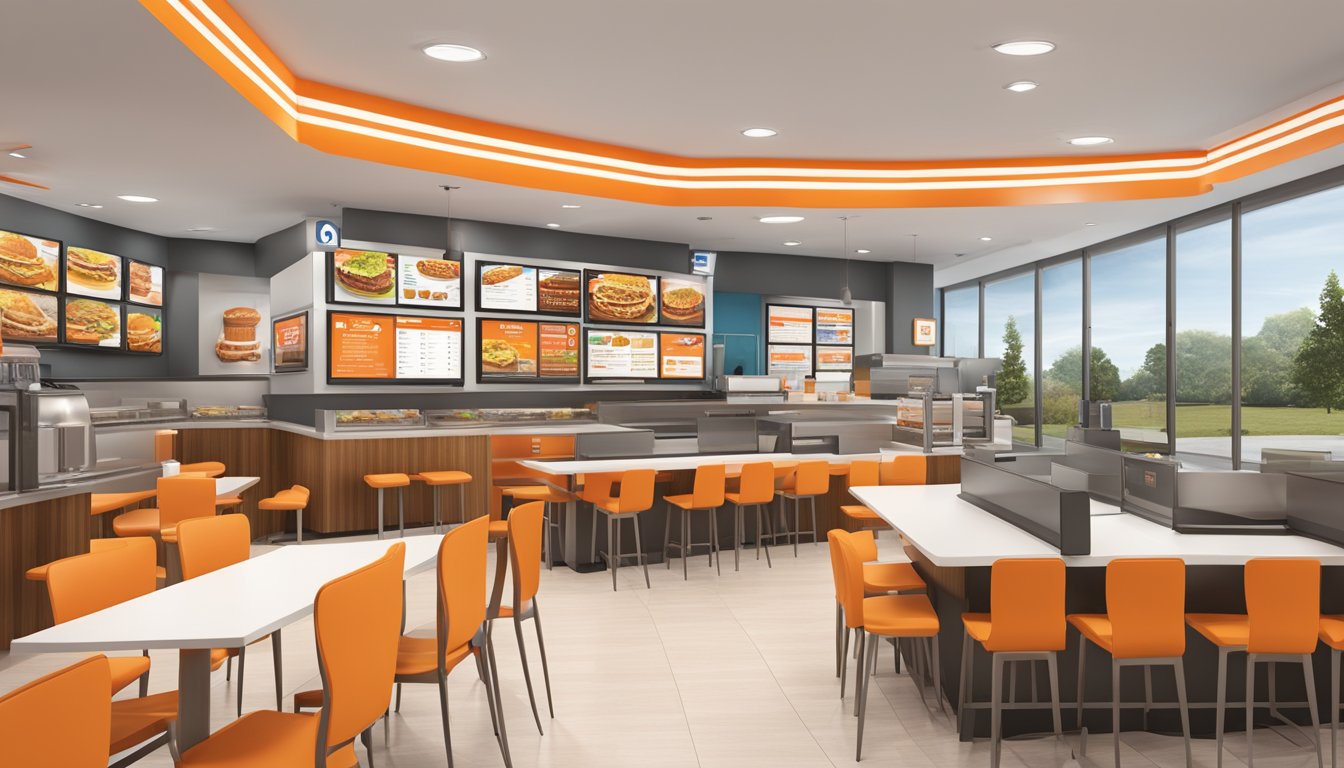 A modern Whataburger restaurant in Georgia with integrated technology, including digital menu boards and self-service kiosks