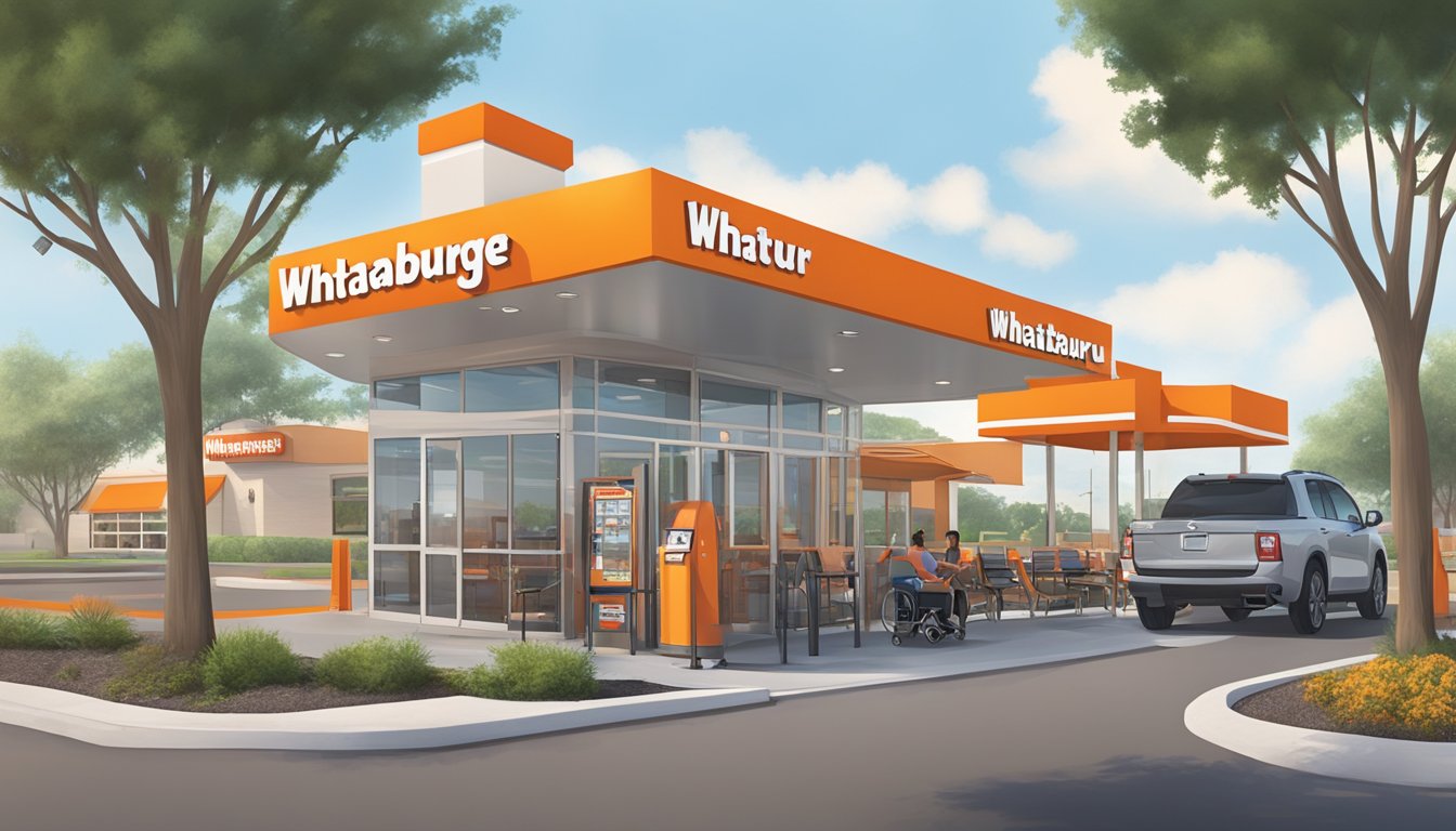 A drive-thru lane at a Whataburger in Victoria, TX, with clear signage and wheelchair-accessible pathways