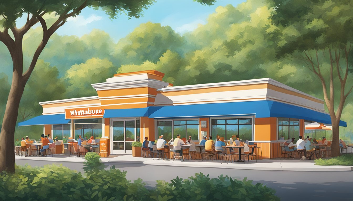 A bustling Whataburger restaurant in Georgia, surrounded by lush greenery and a clear blue sky, with customers enjoying their meals at outdoor tables