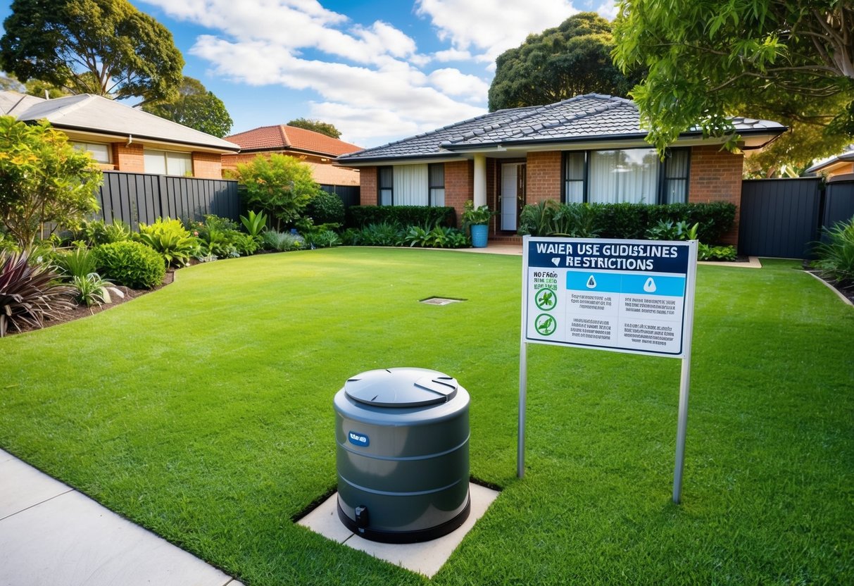 A suburban home with a lush green lawn and garden, a rainwater tank, and a sign indicating water use guidelines and restrictions in Sydney