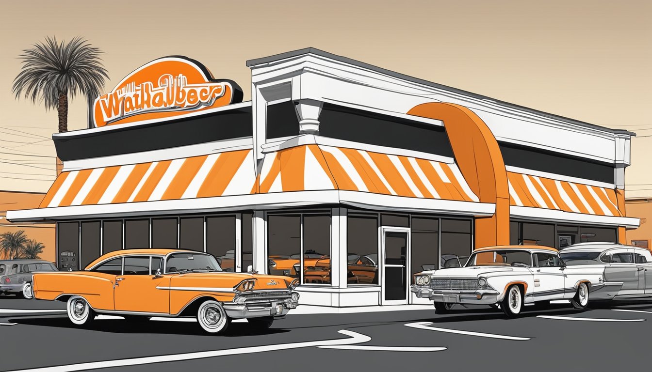 A bustling Whataburger restaurant in Las Vegas, with the iconic orange and white striped building and the famous "W" logo prominently displayed. The drive-thru is busy with cars, and the outdoor seating area is filled with customers enjoying their meals