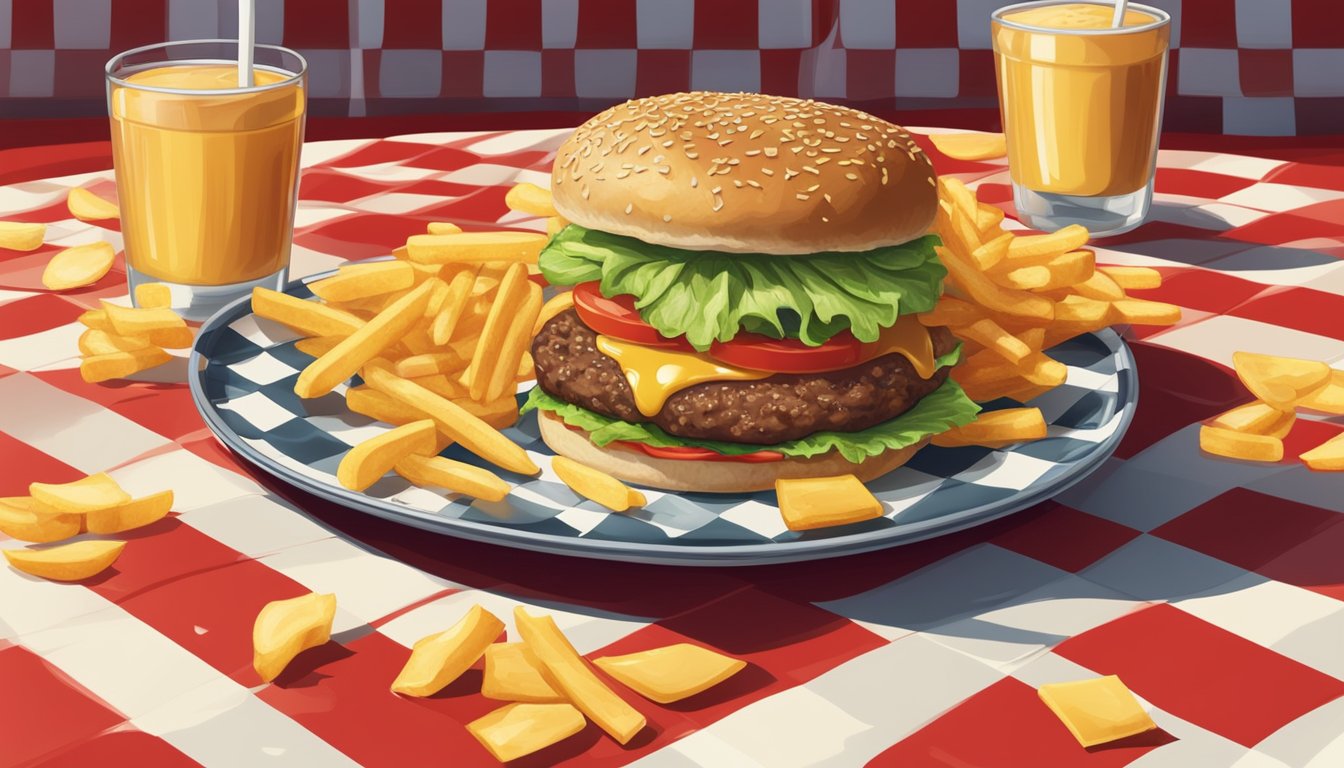 A sizzling burger with melted cheese, crisp lettuce, and juicy tomatoes sits next to a pile of golden, crispy fries on a red and white checkered tray