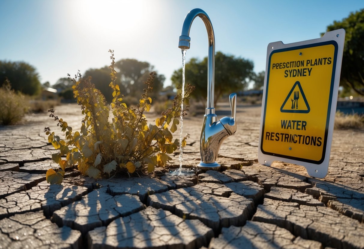 A dry, cracked landscape with wilted plants under a hot sun, a faucet with a drip, and a sign with water restrictions in Sydney