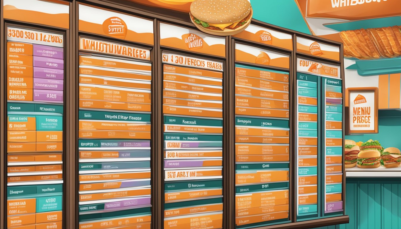 A colorful menu board with various food items and prices displayed at a Whataburger restaurant in Las Vegas