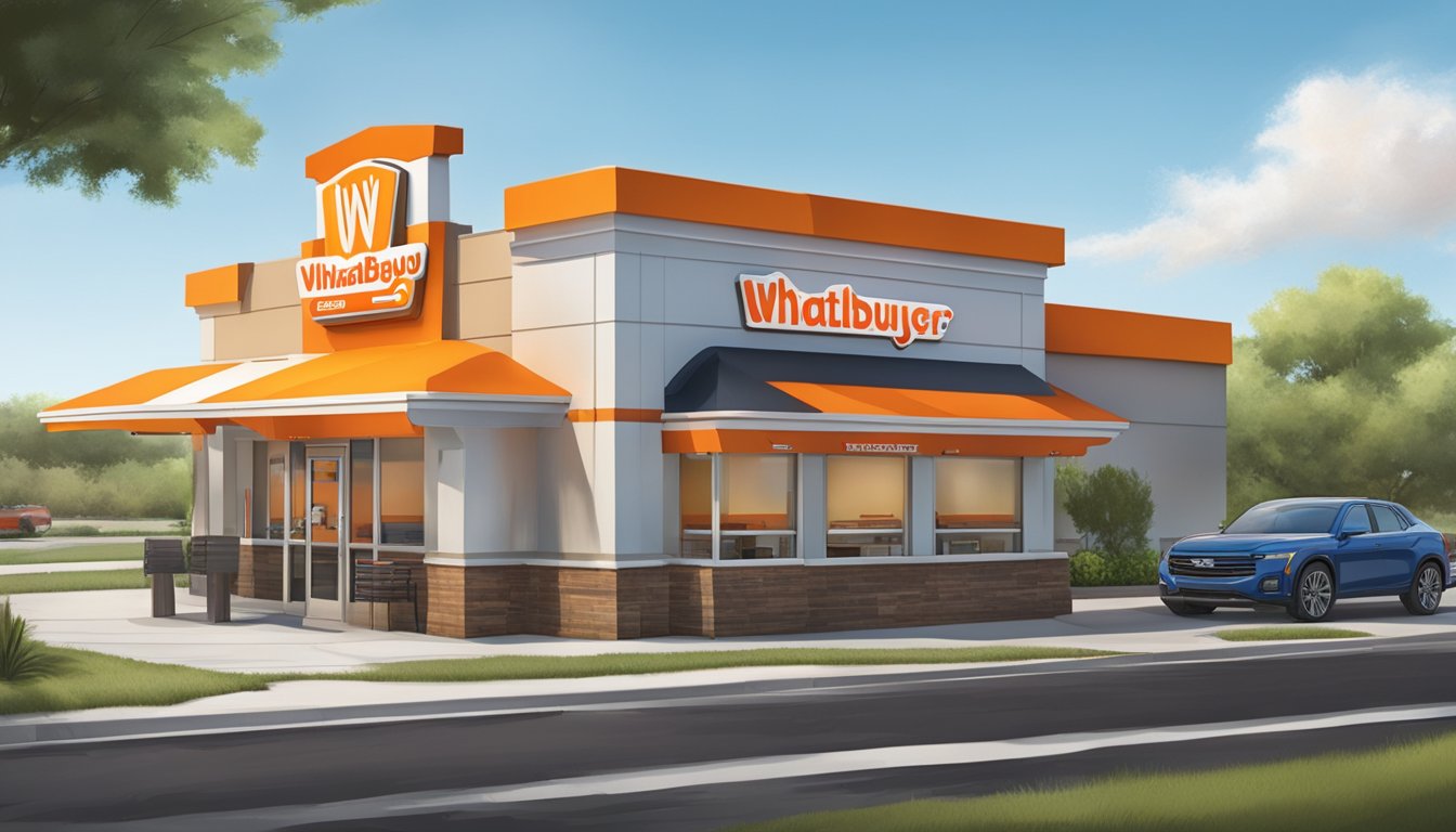 The Whataburger in Weslaco, Texas, features a colorful exterior with a drive-thru and outdoor seating. A large sign displays the restaurant's name and logo