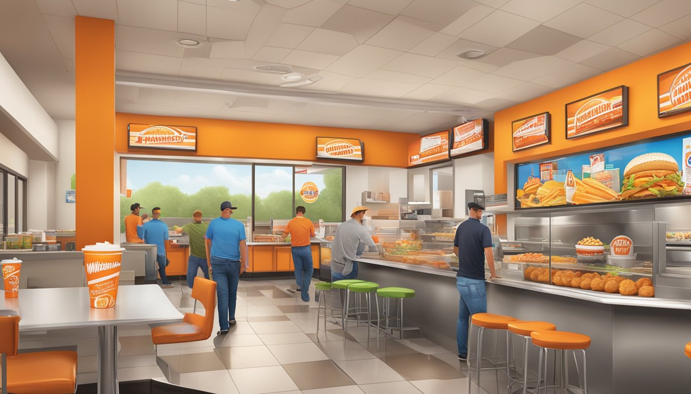 A bustling Whataburger restaurant in Weslaco, Texas, with a colorful "Promotions and Rewards" display featuring enticing food and drink items