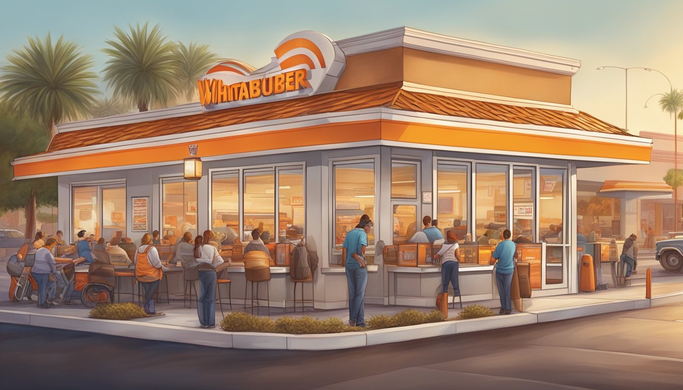 A bustling Whataburger restaurant in Las Vegas, with a line of customers at the counter and a busy drive-thru, surrounded by a warm, welcoming atmosphere