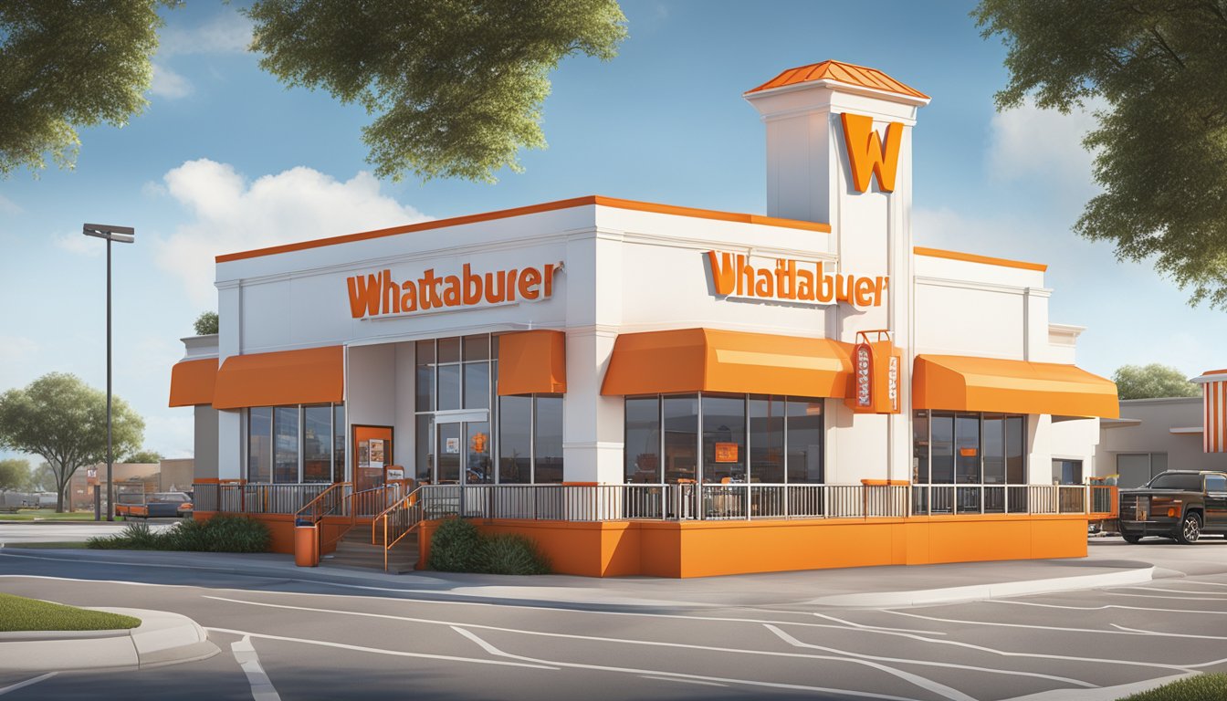 A bustling Whataburger restaurant in Weslaco, Texas, with the iconic orange and white branding displayed prominently on the building and merchandise