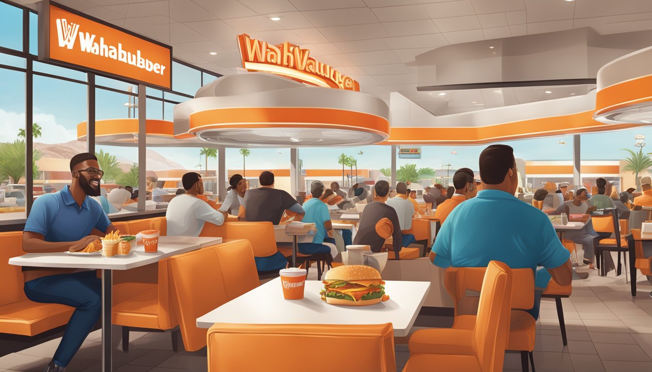 A bustling Whataburger in Las Vegas, with people enjoying their meals and engaging with the community