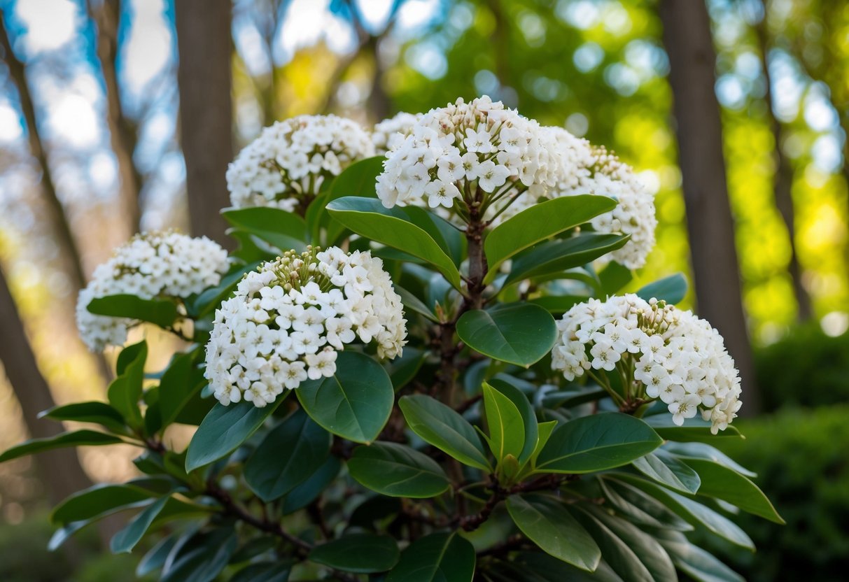 A viburnum bush in full bloom, with delicate clusters of white flowers and glossy green leaves, set against a backdrop of dappled sunlight filtering through the trees