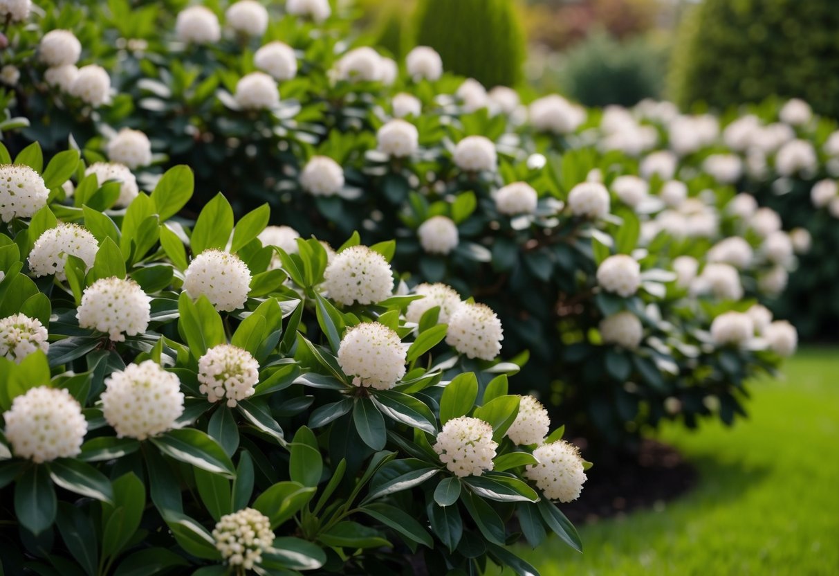 A lush garden with viburnum shrubs in full bloom, showcasing their clusters of white or pink flowers and glossy green leaves