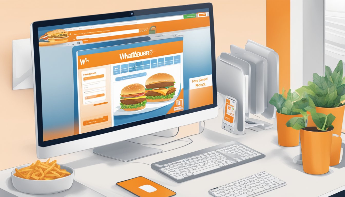 A computer screen displaying the Employee Self-Service Portal for Whataburger on a desk with a keyboard and mouse